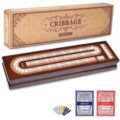 AMEROUS Wooden Cribbage Board Game Set With Magnetic Lock - Metal Pegs - 2 Playing Cards - Continuous 3 Track Board - Larger Storage Area - Instructions, Travel Portable Cribbage Game Sets For Family