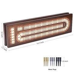AMEROUS Wooden Cribbage Board Game Set With Magnetic Lock - Metal Pegs - 2 Playing Cards - Continuous 3 Track Board - Larger Storage Area - Instructions, Travel Portable Cribbage Game Sets For Family -Play Nest Game 51M28q7ykPL