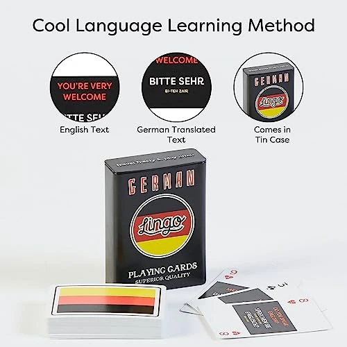 LINGO Playing Cards In Tin Box | Sturdy Travel Case | Language Learning Game Set With Useful Phrases | Fun Visual Flashcard Deck To Increase Vocabulary And Pronunciation Skills (German) 4 LINGO Playing Cards In Tin Box | Sturdy Travel Case | Language Learning Game Set With Useful Phrases | Fun Visual Flashcard Deck To Increase Vocabulary And Pronunciation Skills (German) - Image 2