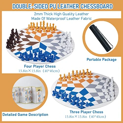 Three Or Four Players Chess Set:A Leather Game Mat + 4 Packs Of Pieces (64 Pieces) + 1 Game Manual + A Drawstring Storage Bag. A Strategy Chess Game For 2-4 Players 4 Three Or Four Players Chess Set:A Leather Game Mat + 4 Packs Of Pieces (64 Pieces) + 1 Game Manual + A Drawstring Storage Bag. A Strategy Chess Game For 2-4 Players - Image 2