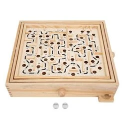 Wooden Ball Game Maze Game Toy Wood 12.8" X 11.2" Educational Labyrinth Chess Board With Two Steel Marbles, Puzzle Game For Elderly Adults Girls Boys And Girls
