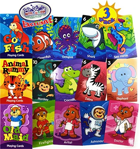 Matty's Toy Stop Deluxe Jumbo Classic Playing Card Games Set (6.75" X 4.75") Featuring Go Fish, Old Maid & Animal Rummy - 3 Pack 3 Matty's Toy Stop Deluxe Jumbo Classic Playing Card Games Set (6.75" X 4.75") Featuring Go Fish, Old Maid & Animal Rummy - 3 Pack